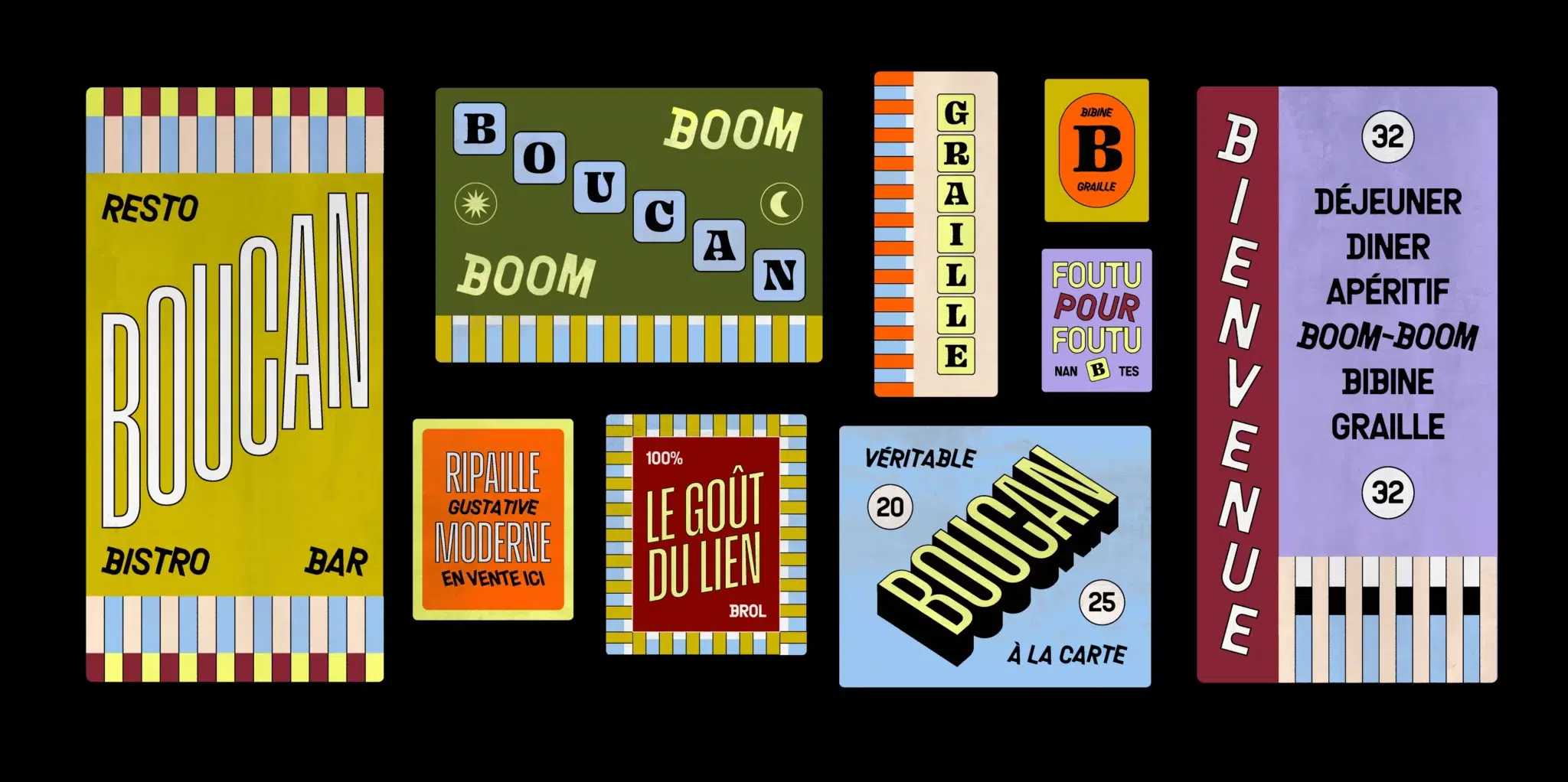 Collection d'affiches typographiques Boucan « Bienvenue » et « Boom »