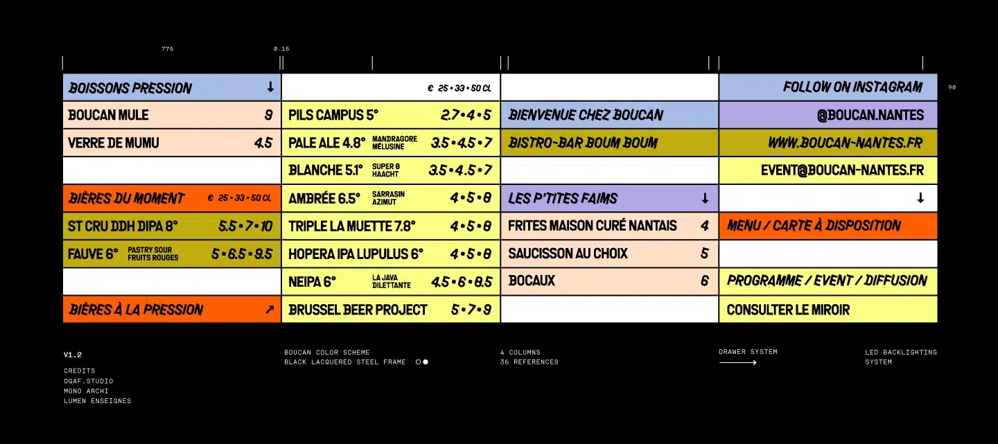 design du menu board et de la carte des prix du restaurant Boucan à Nantes.