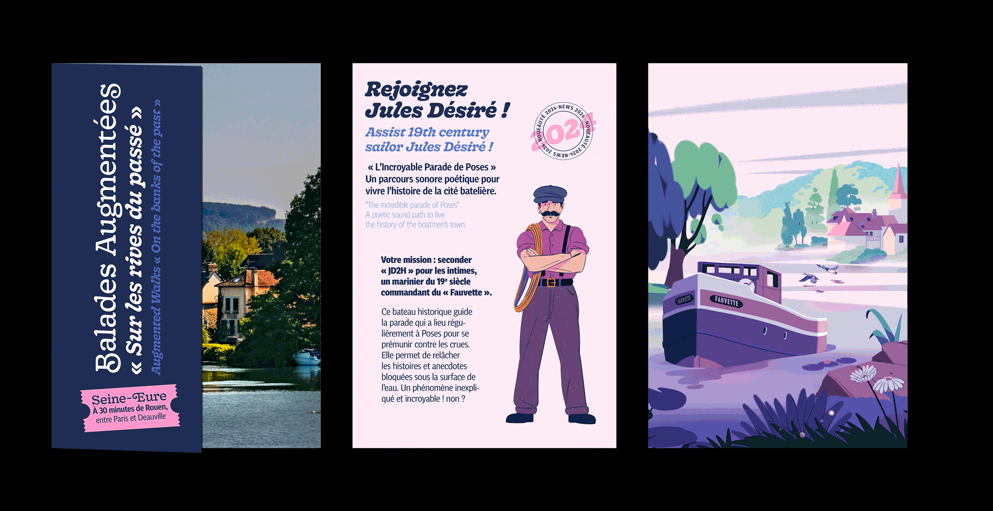 Pages de brochure Seine-Eure « Balades augmentées » avec personnages illustrés