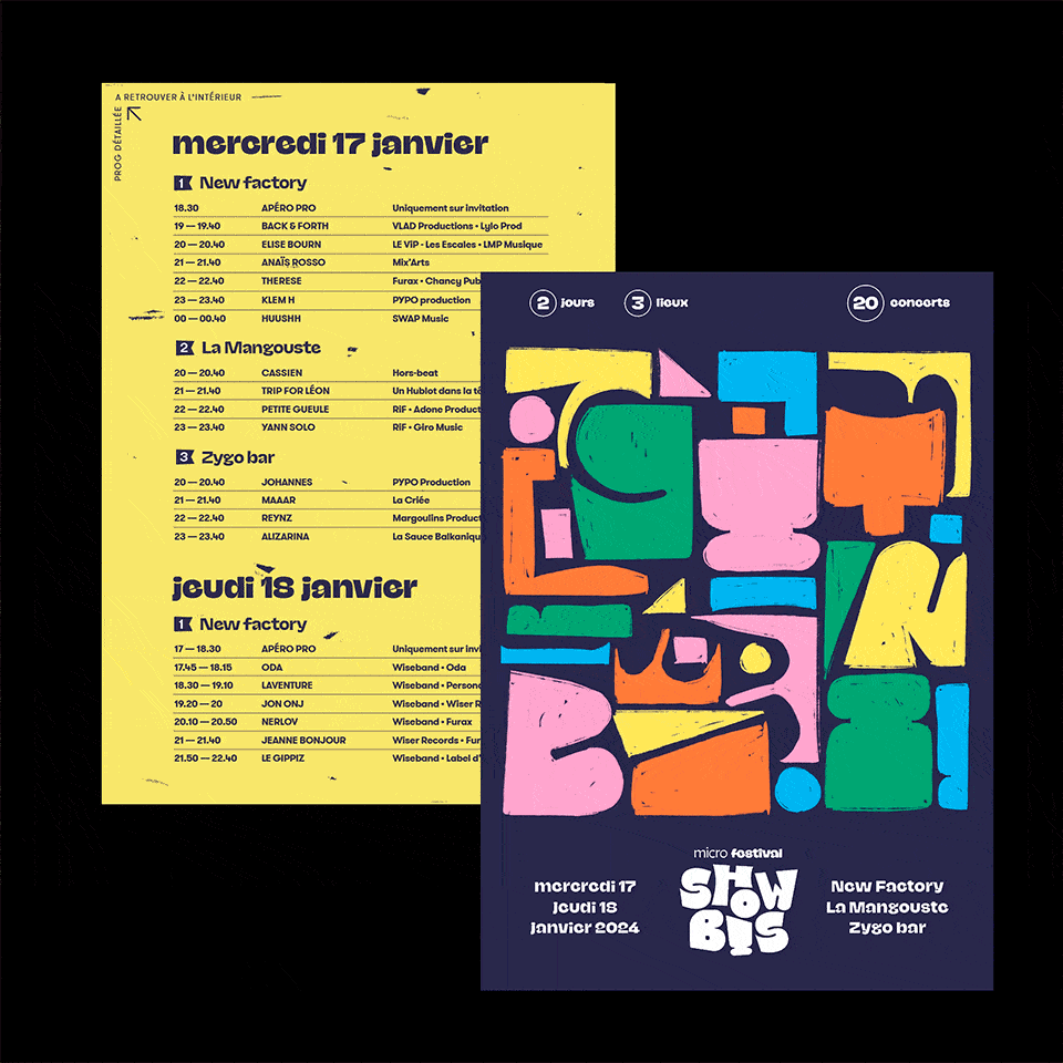 Affiches du festival Showbis jaune et bleue avec motifs colorés